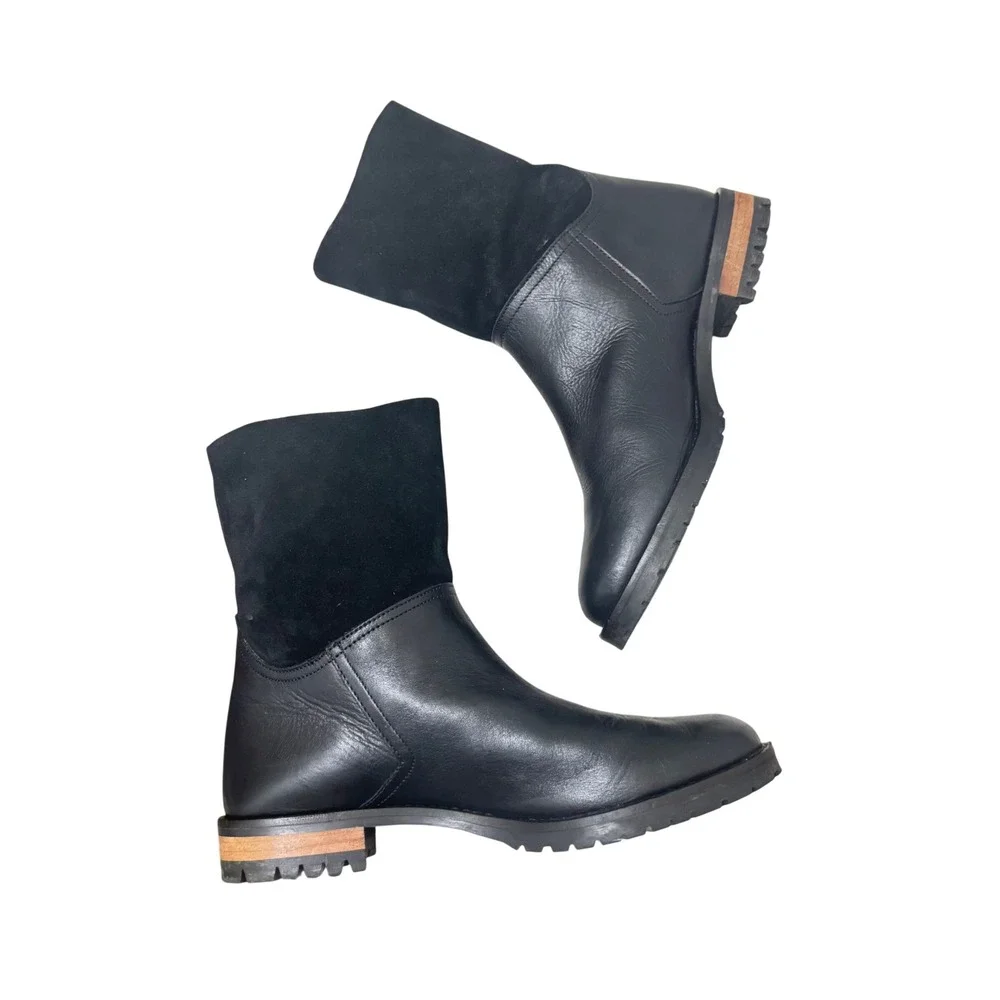 Fabianelli Black Leather Suede Shearling Lined Moto‎ Boots Women Size 8